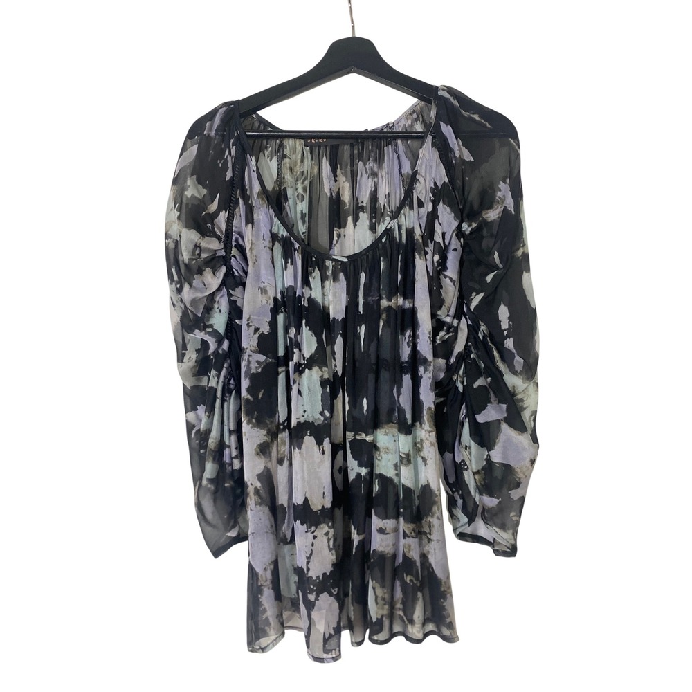 Akiko 100% Silk Blouse Women LG Black Purple Excellent Abstract Ruched Balloon
